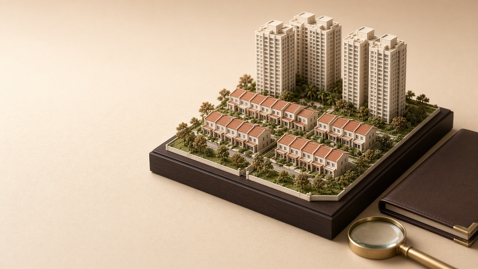 Scale model of a residential neighbourhood with a magnifying glass and a leather dossier