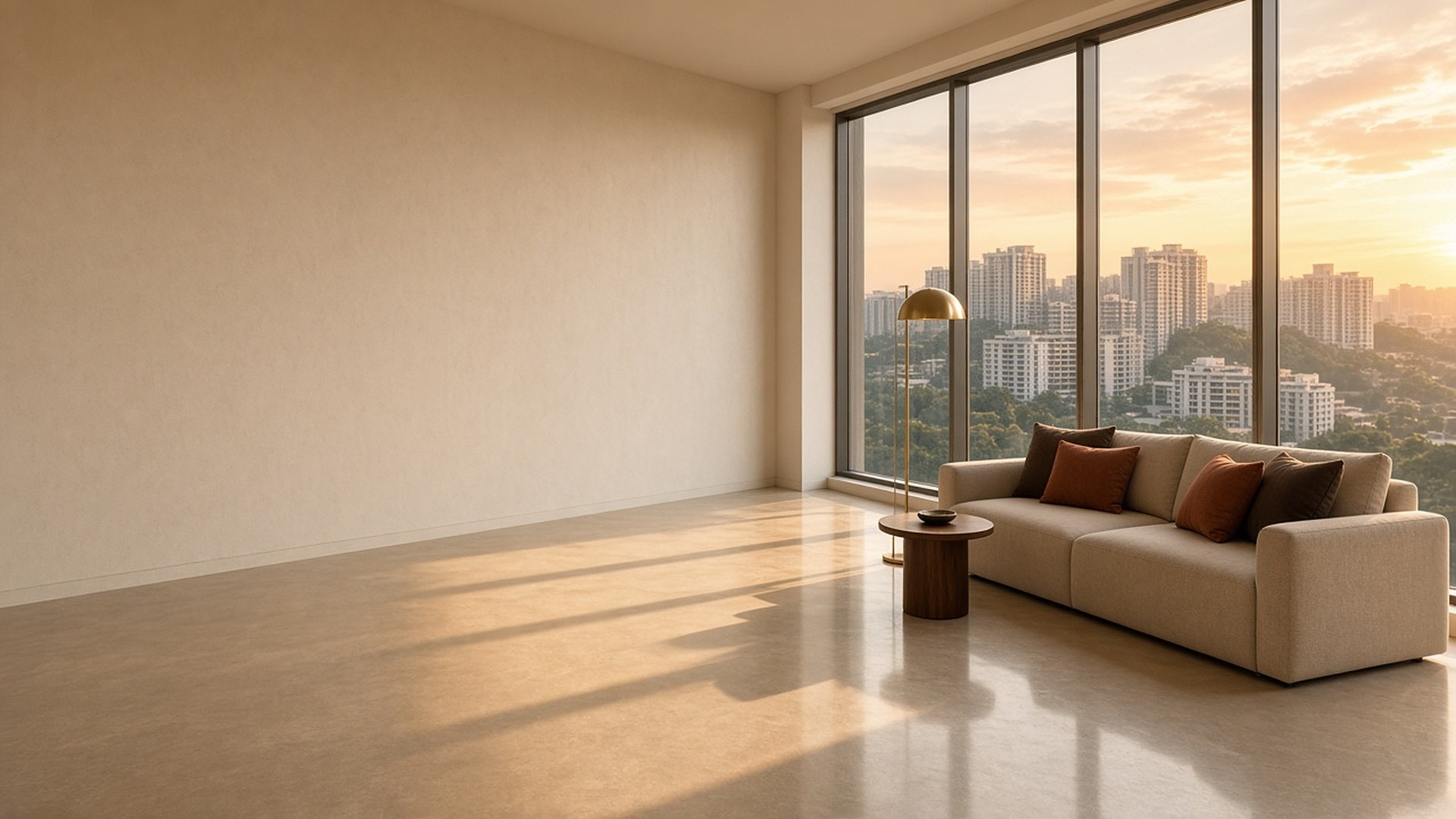 High-rise condo living room, half bare and half furnished, overlooking Mont Kiara at golden hour