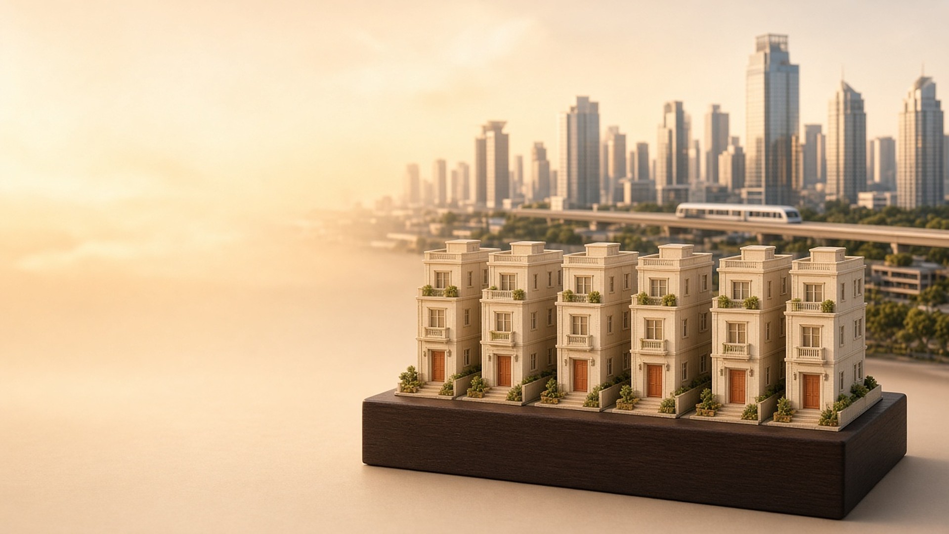 Six small residential unit models in front of the Petaling Jaya skyline and LRT at golden hour
