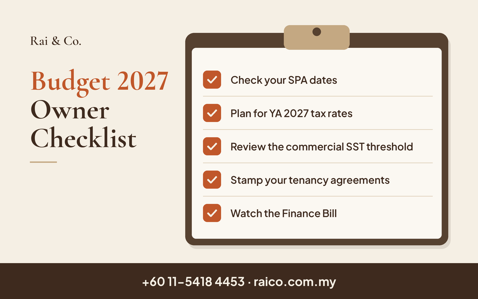 Budget 2027 owner checklist: check SPA dates, model YA 2027 tax, track the commercial service tax threshold, stamp tenancies, and watch the Finance Bill. Talk to Rai & Co. at +60 11-5418 4453.