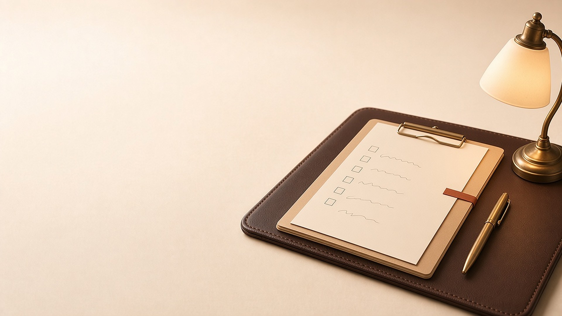 Closed loan file folder beside a checklist and a calm desk lamp