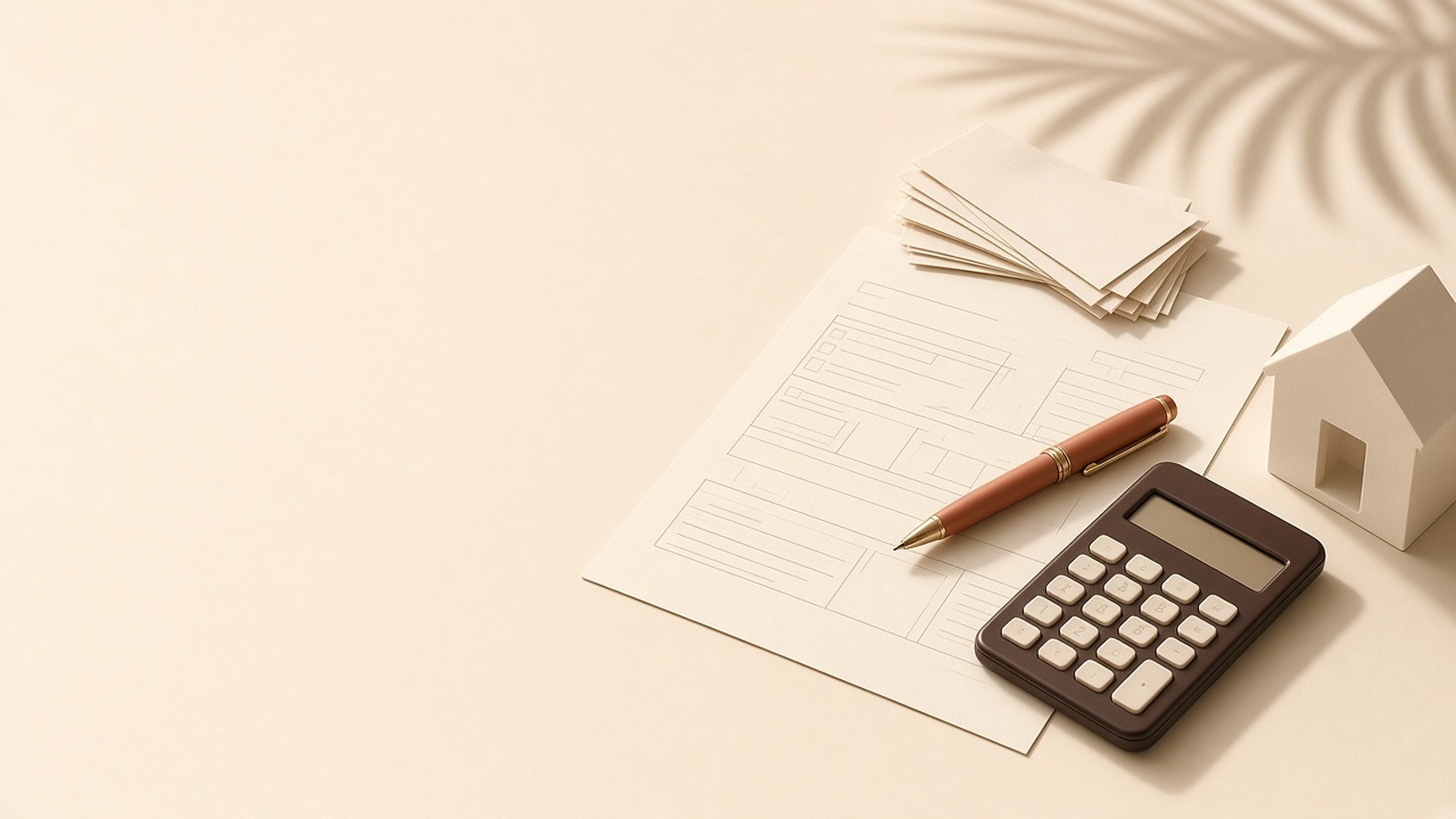Tax return form with a fountain pen, receipts, a calculator and a small house model on a desk