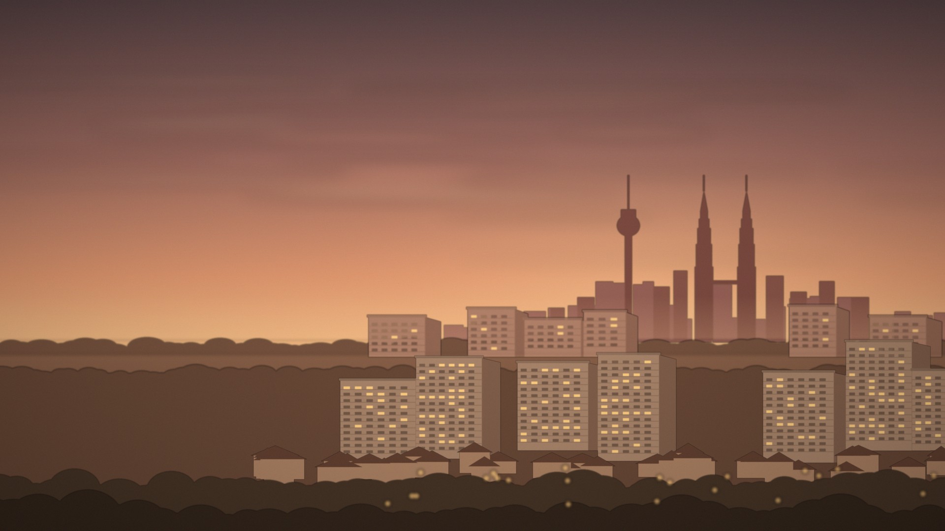 Klang Valley skyline at dusk, with the KLCC towers and residential blocks