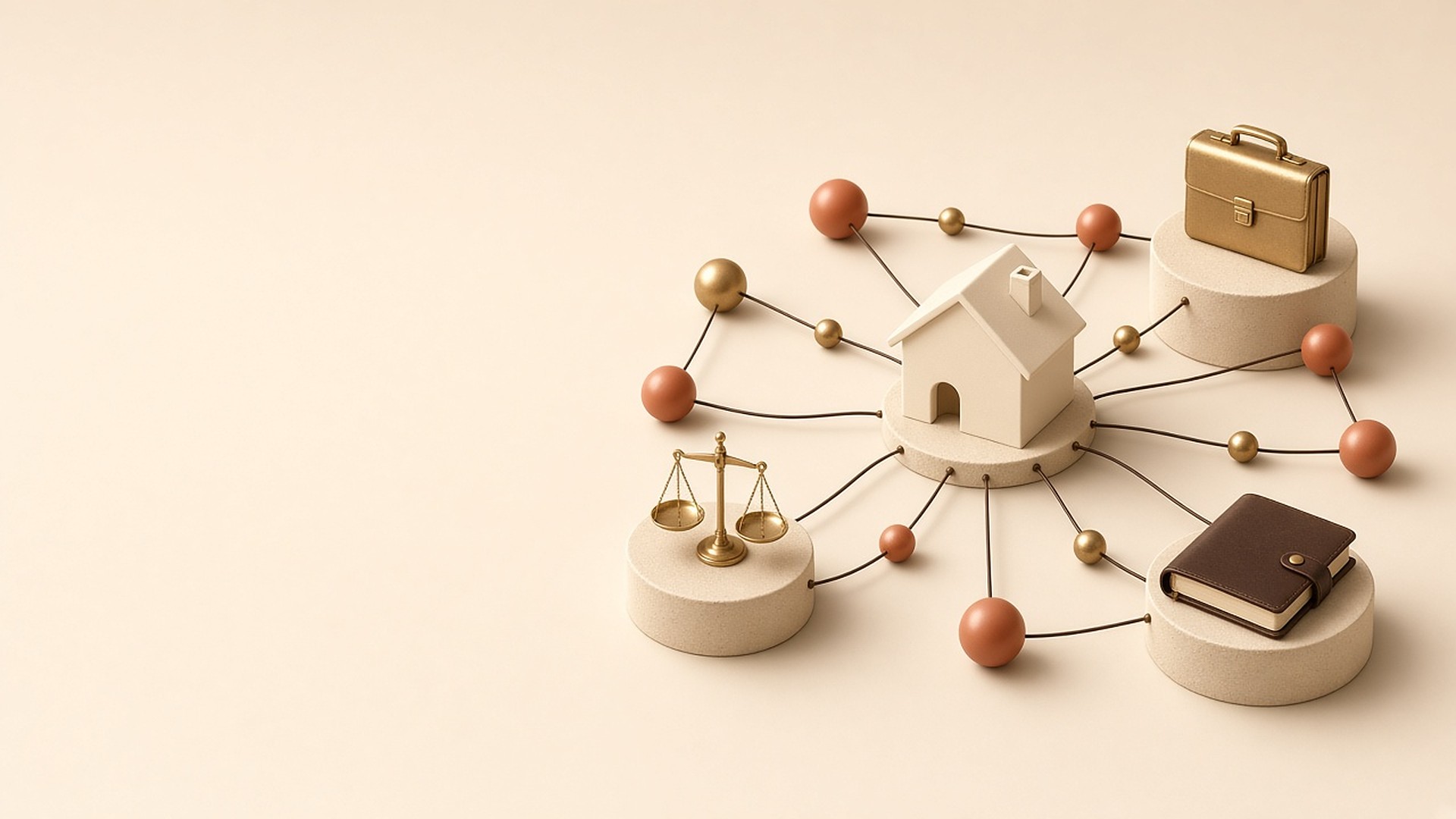 Network of nodes linking a briefcase, scales and a ledger to a central house model