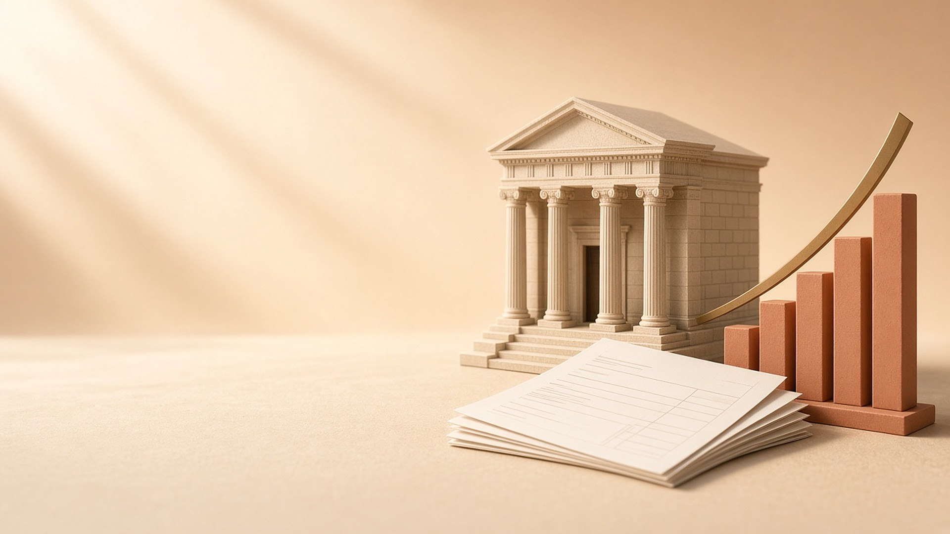 Bank building model beside fanned payslips and a rising bar chart