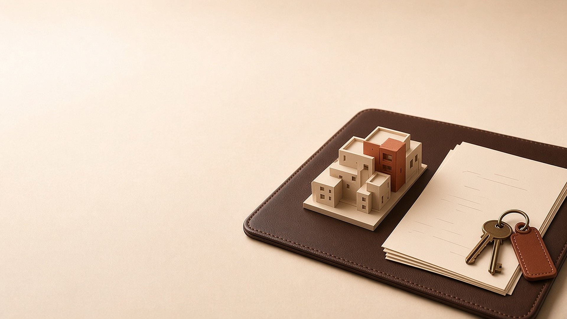Keys and rental statements arranged beside a small apartment building model