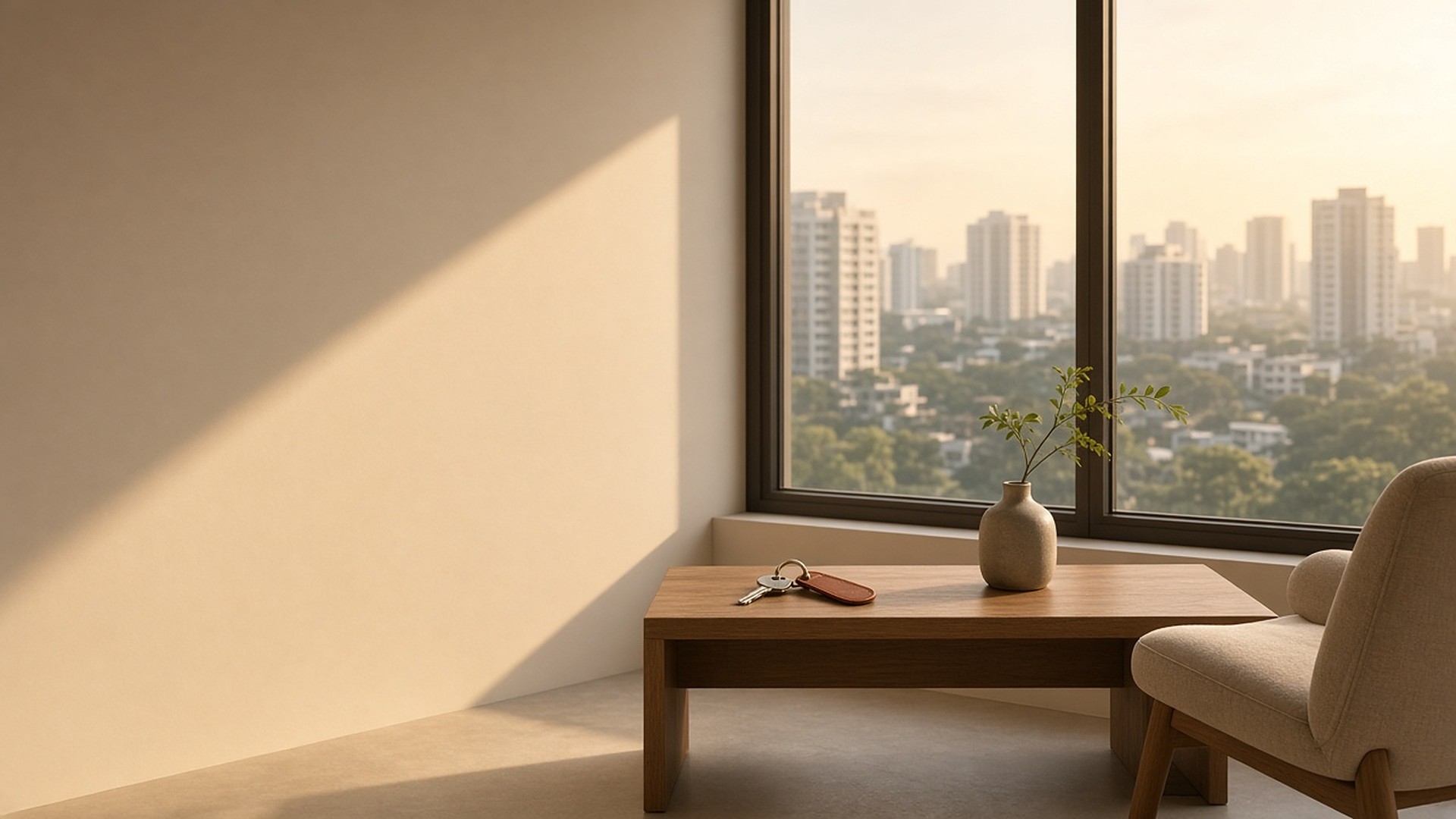 Apartment keys and a small plant on a coffee table overlooking a Klang Valley skyline