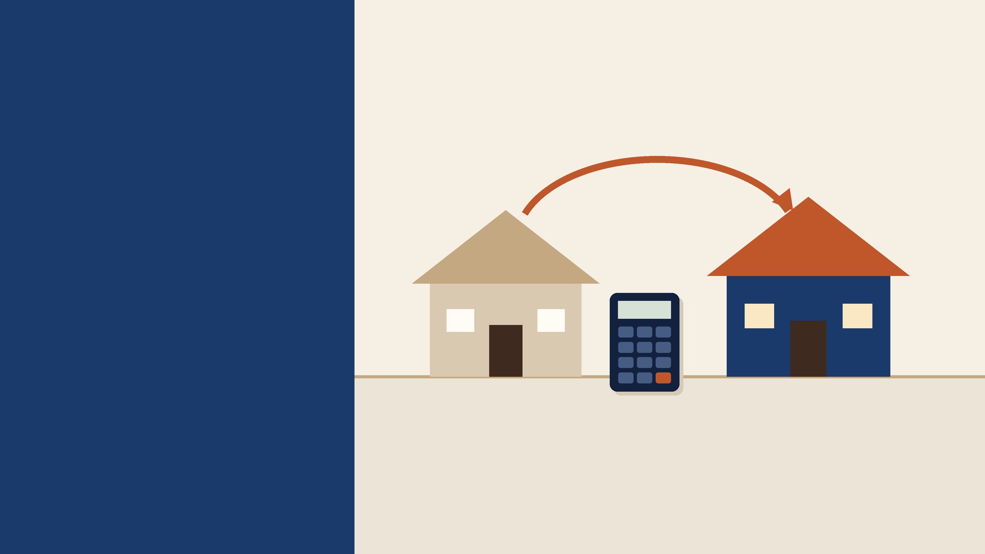 Two flat house icons joined by a curved arrow with a calculator between them — BR-style home to SBR refinance