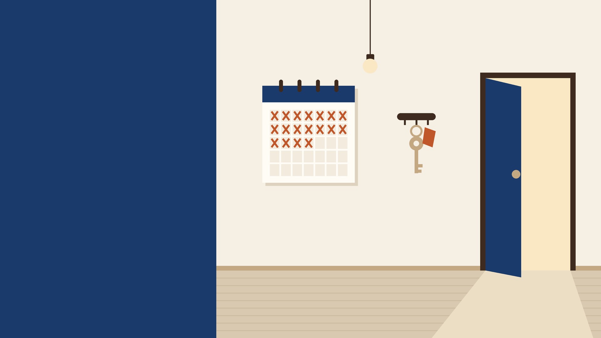 Illustration of an empty condo with the front door ajar, a key on a wall hook and a calendar with days crossed out