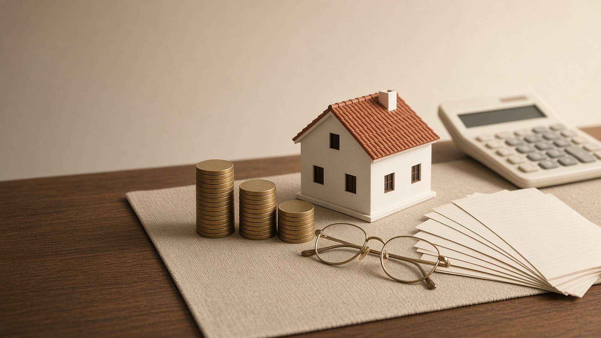 Model house, coin stacks, glasses and calculator on a desk