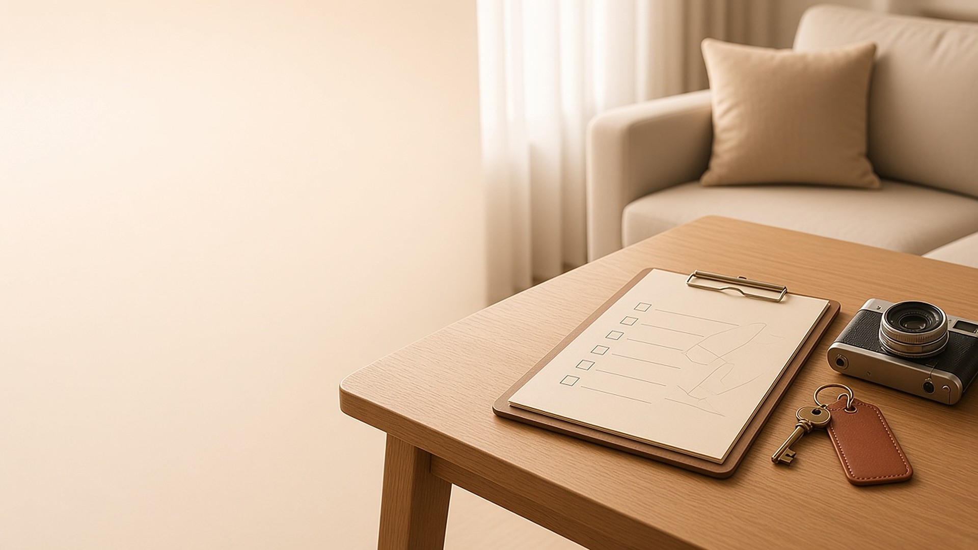 Clipboard checklist, camera and keys on a wooden table for a move-in inventory