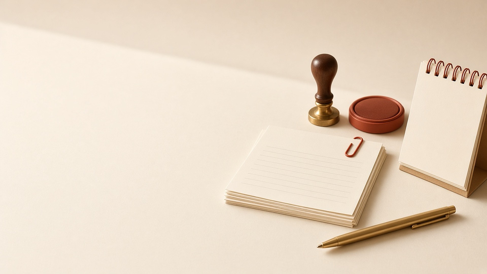 Wooden stamp, ink pad, blank cards and a gold pen on a cream desk