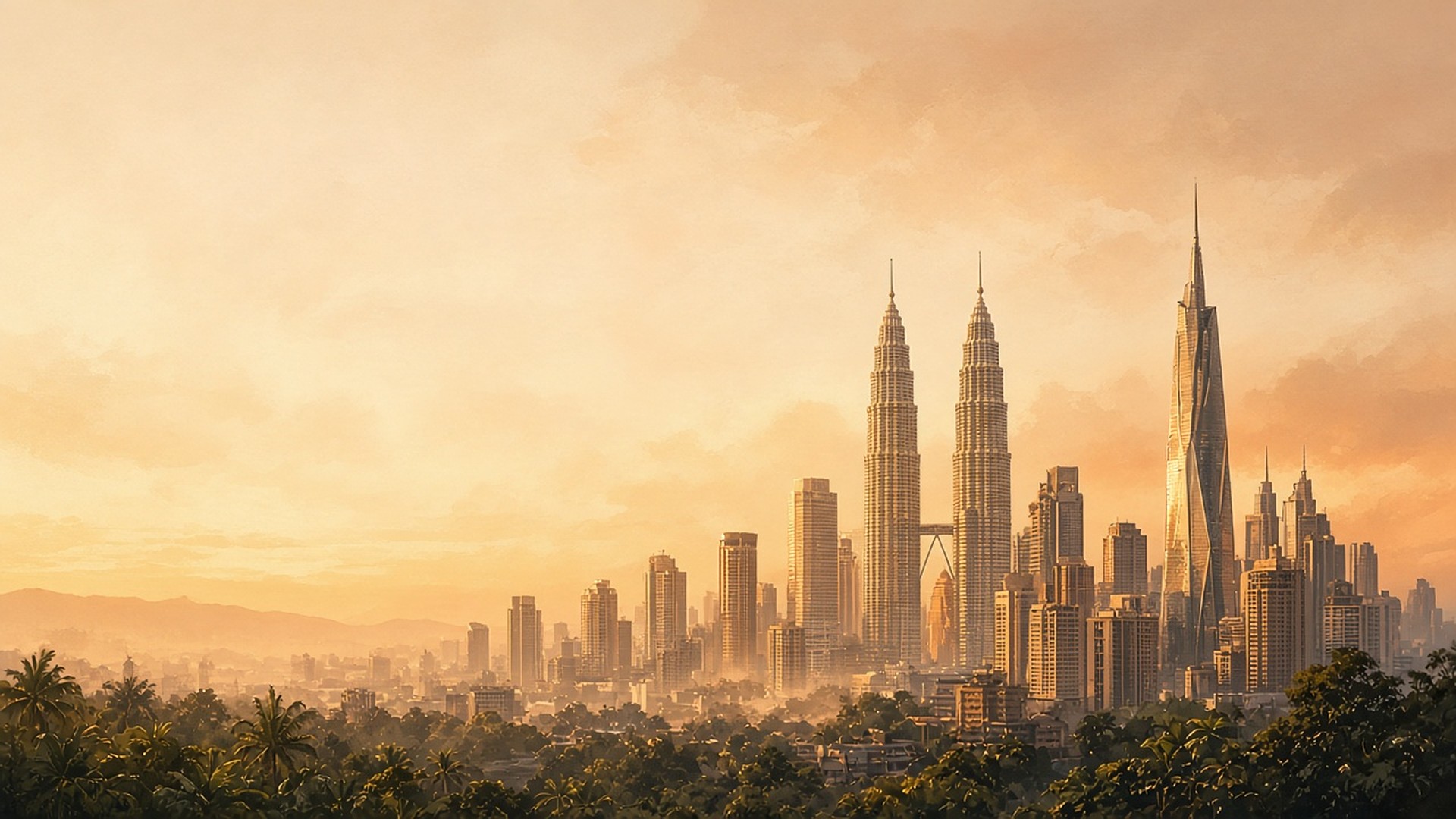 Kuala Lumpur skyline at golden hour with the Petronas Twin Towers and Merdeka 118