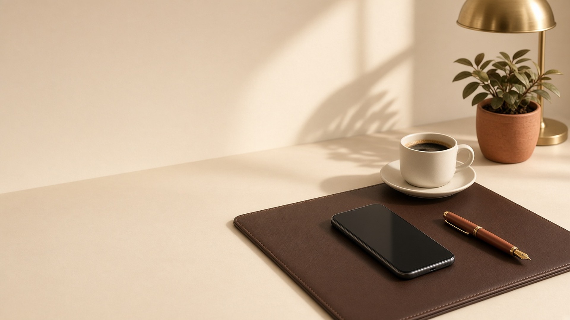 Desk with a leather pad, smartphone, fountain pen, coffee cup, potted plant and brass desk lamp in warm light