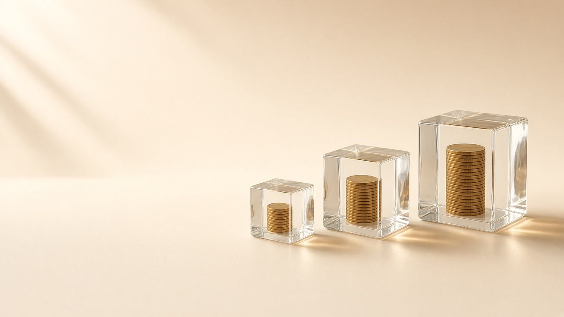 Three clear glass cubes of increasing size holding stacks of coins on a cream surface