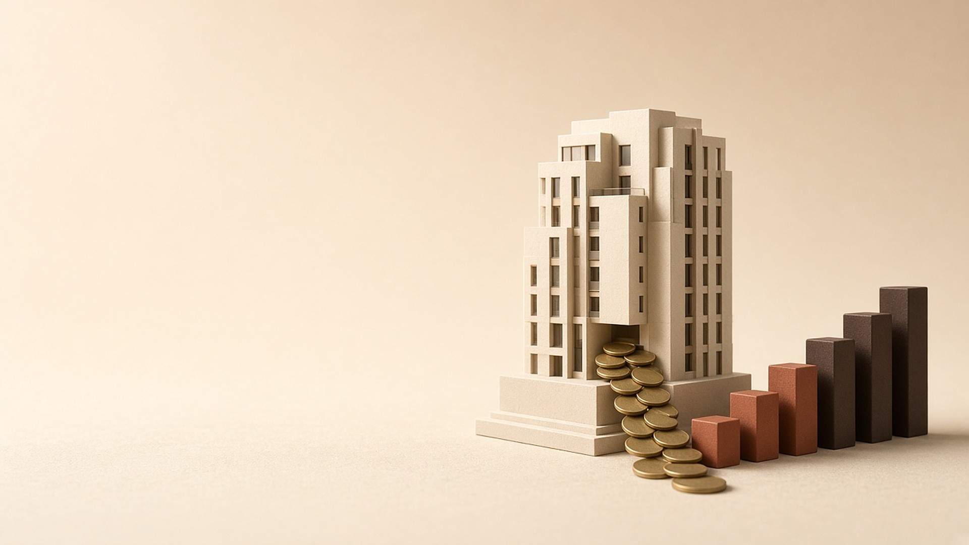Condo tower model with a stream of coins flowing into ascending bar blocks