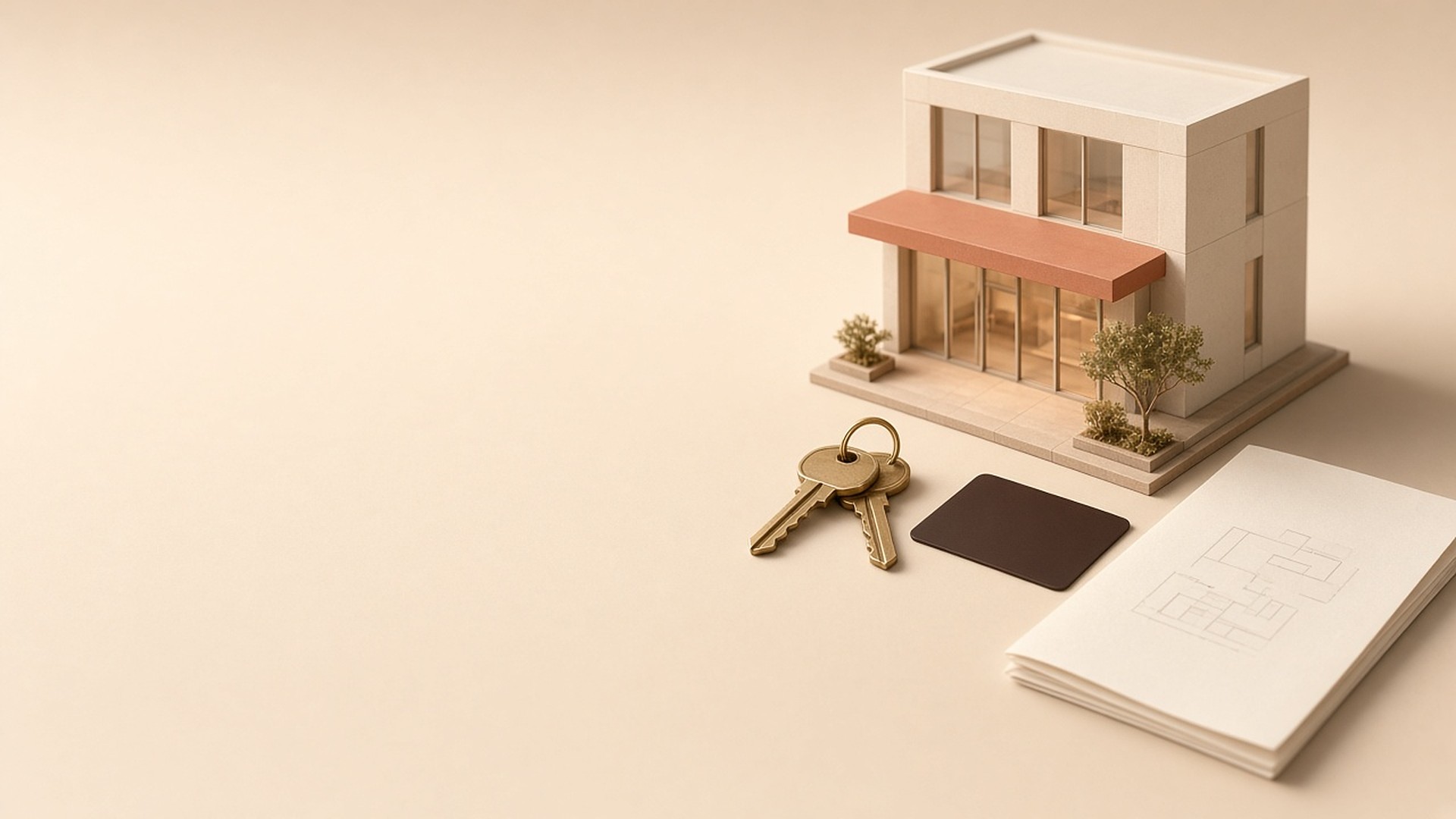 Shopfront and office building model with office keys, a key card and a lease document