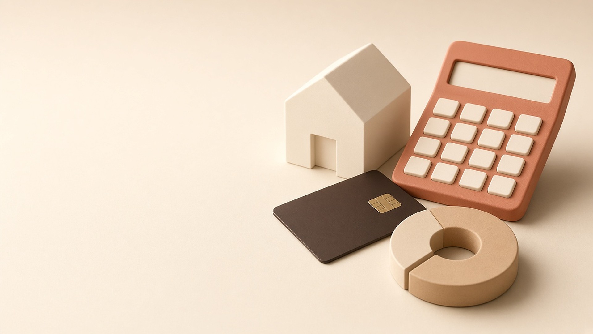 Calculator, bank card, small house model and a ring chart on a cream surface