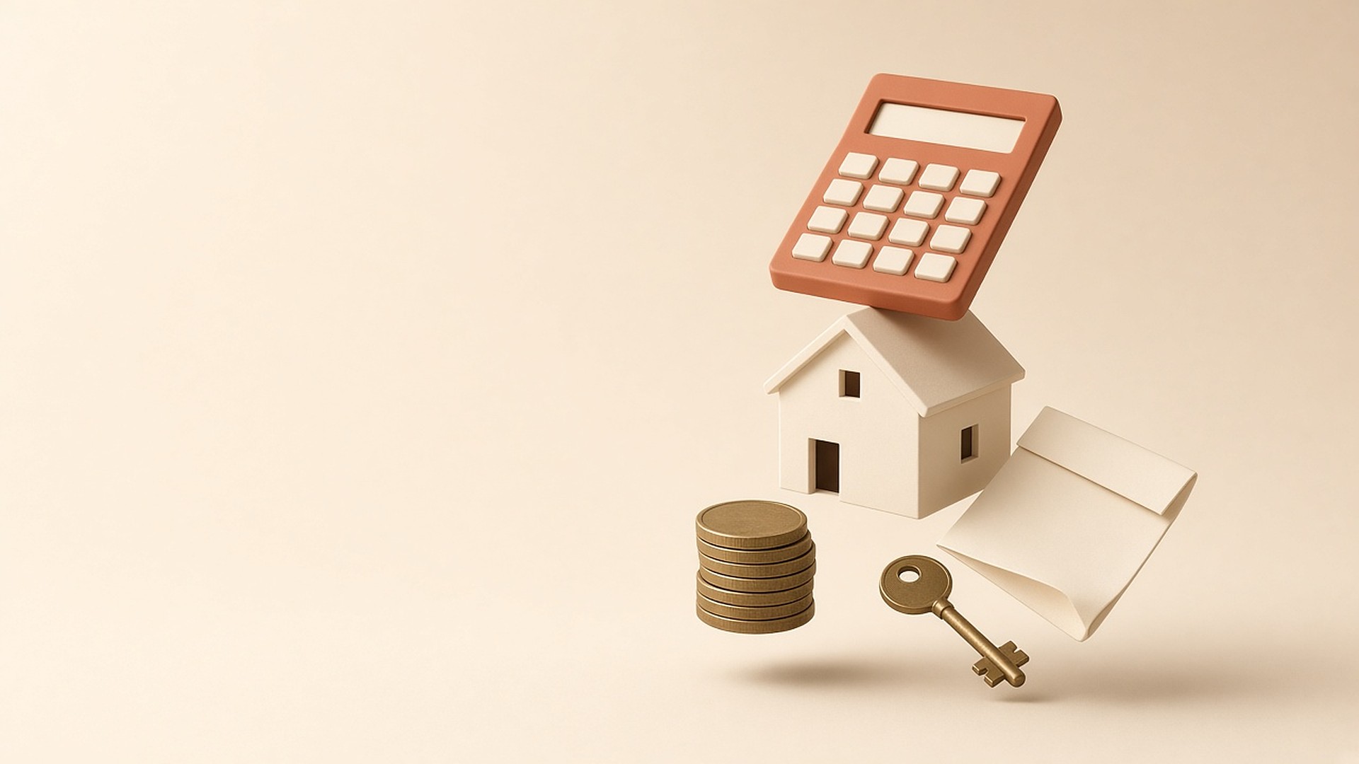 Floating cluster of a calculator, house model, coins, a document and a key