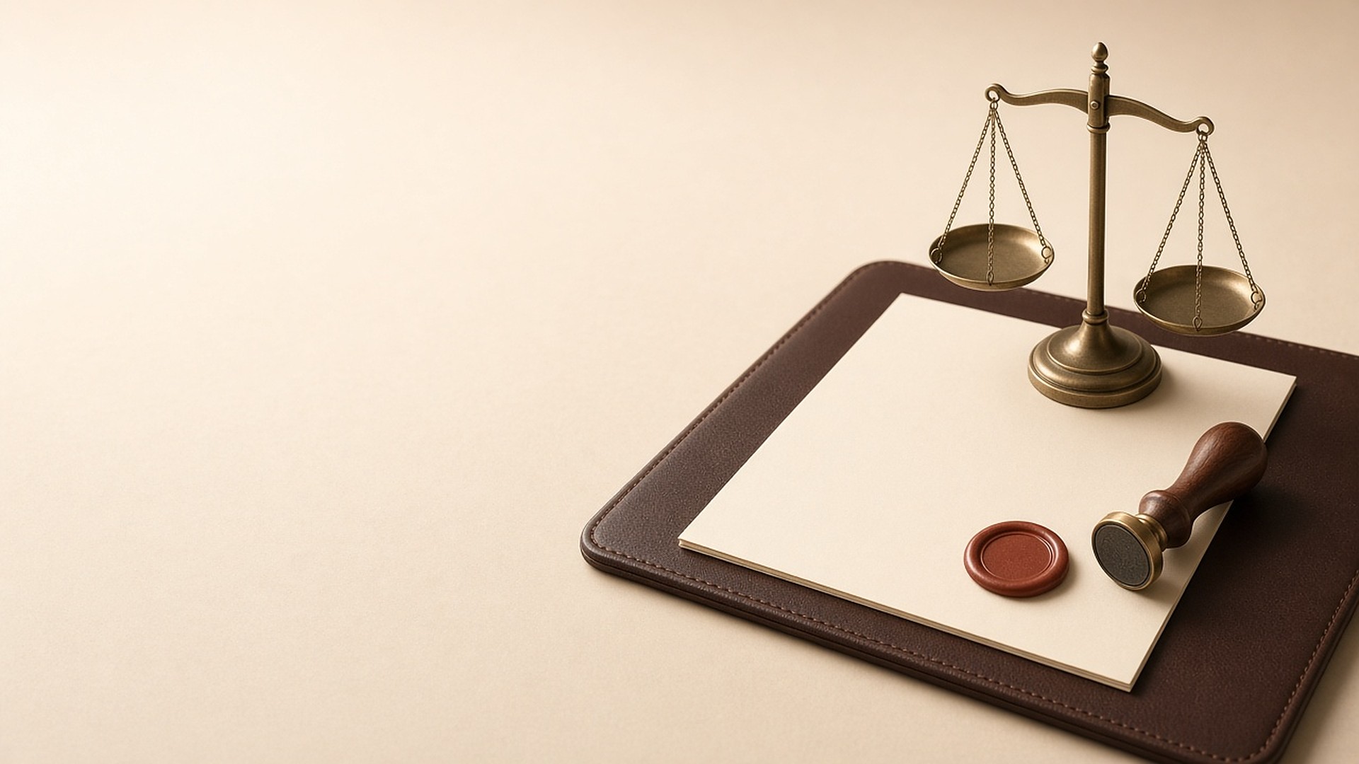 Brass scales of justice with a document, a wax seal and a stamp on a leather desk pad